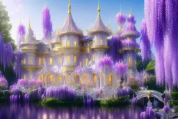 a magical crystal flower wisteria pink gold house palace in the woods, blue lake,sun,white swanns,pink vertical, blue lake,sharp, vines, candlelit, endor, ornate, elegant, highly detailed, artstation, concept art, smooth, sharp focus, illustration, 8k, splash art, wallpaper, key visual