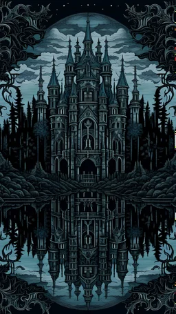 dark, gloomy and detailed forest castle inspired by chrono trigger, mirrored by the sky, dark fantasy style