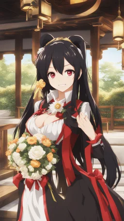 Tokisaki Kurumi appears to be elegant and has very polite manners, ivory skin and long, evil smile, crazy smile, black hair usually tied in long twin tails, deferent Eyes colors, right eye is red-tinted color, left eye appears as a golden color, inorganic clock face, a girl with astonishing beauty, wearing her astral black and red dress 'Elohim', left golden eye, in dreamshaper finetuned model with dynamic art style witg