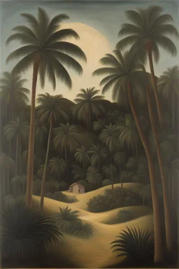 A dark gold mine oasis near a field of palm trees painted by Henri Rousseau