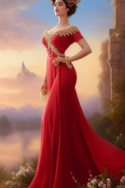 full body shot , beautiful and gorgerous duchess with incredible jewellery in 19th century clothing by Greg Rutkowski and Artgerm and Emile Vernon and Vladimir Volegov, in a red dress, mystical castle background, art illustration, natural beauty, muted colors, pastels, perfect fingers, higly detailed, expressive, high detail, symmetrical, digital painting, symmetrical eyes, dynamic lighting, artstation, cinematic lighting, intricate artwork, emitting diodes, smoke, artillery, sparks, racks, s