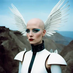 Abigail Fraser (aka Stacey Filmore) Surreal, 35mm film photography featuring a futuristic scene, a woman with 2 big and 2 smaller alien eyes located on the temples, white skin and a bald head, 4 mini wings behind the ear looks like darts, 2 on each side, four wings and 4 eyes located horizontally, and 4 arms. standing on a cliff of mountain. Big waterfall behind, and crystalized rhombus textured pyramidal shining glowing building