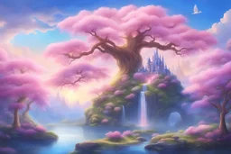 a pink tree in the style of A Silent Voice with futuristic crystal castle in the countryside, starship, green plants, flowers, wisteria, big trees blue sky, pink, blue, yellow soft lights, waterfall with beautiful fairies with long hair and transparent wings, swans swimming in the lake