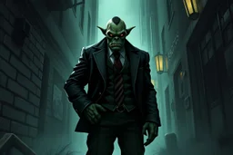 Orc mafia enforcer in a suit standing in a gloomy alleyway grimdark