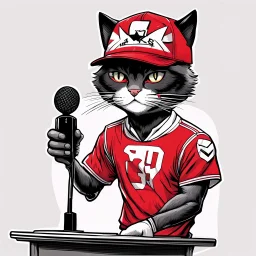 a drawing of a manga cat man with a sports cap and shirt, speaking at a (((lectern))) with a microphone, red, white and black colors