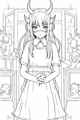 girl with demon mask in the middle of the room, line arts, manga style