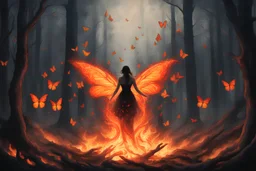 image HD realiste. nuée de papillons enflammés volant dans une forêt sombre. des flammes commencent à embraser des branches. Une silhouette se dessine dans le brasier au centre de l'image.