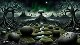 surreal dreamlike scene, nightmare on eart and in sky, midnight in the garden of death, some small black prickly balls on the earth and on sky, mystic gloomy, surreal dark shadows and pale light, stones, cracked eart, dark winter-like vibe, dark weird shapes floatings ,come strom , dark green moss, weird tall dark musroom, bats on sky, branch on eart,deep dark colors, dark twisting tendrils around big clock ,Clock Midnight, wind, fog, detailed, cinematic, Unity R