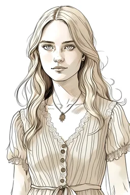 A girl in her late twenties, with slightly sharp features, long blond hair and hazel eyes, wearing a Chanel dress, with a rustic look, sketch