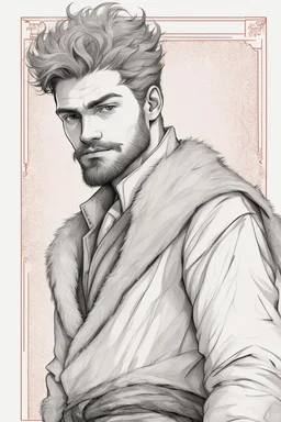 man, medieval, fighter, russian, croocked nose, czar, rich, simple clothes, short messy hair, thick beard, oligarch, leather coat with fur, brocade clothes, pencil drawing,red hair, muscles, background frame, 20 years old