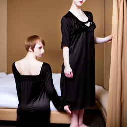 Realistic photo Russian shorthair beautiful 20-years guy boyish boylike wide hips in black nightgown in hotel