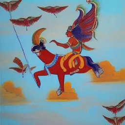 flying cow gods with wings indian painting