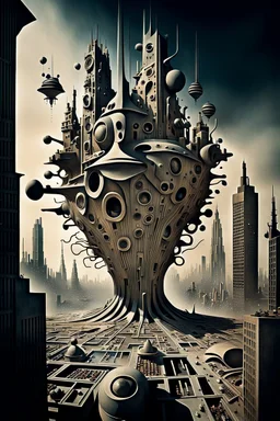 a stunningly weird image of a futuristic metropolis using Salvador Dali's paranoiac-critical method, where buildings and structures appear to melt into the skyline cityscape is filled with floating mad, twisted sharp metal shapes that interact with the buildings and each other, forming a surreal tableau of a dreamlike reality. neu-steampunk vibe, essence of the scene in a cinematic manner, with dramatic shadows that enhance the distorted perspectives and bizarre