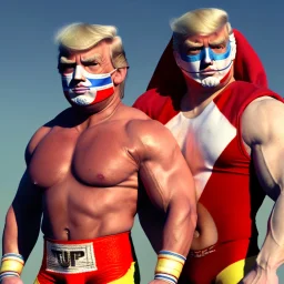 Realistic image of Donald trump wrestler, Mexican wrestling style, Mexican wrestling mask for eyes, red and blue breeches, glow us flag dress, suspenders, retro style, 80s, vibrant color, highly detailed, sky background, concept art, unreal engine 5, god rays, ray tracing, RTX, lumen lighting, ultra detail, volumetric lighting, 3d, finely drawn, high definition, high resolution.