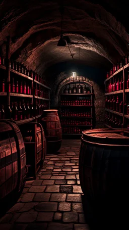 An old winery with a lot of old big wine Barrels in a dark room , a few bottles of red wines with and old labels and spider webs on old broken shelf’s in side a dark abandoned underground dark room with a little dim touch on the wall, scary, dramatic, mysterious ambiance
