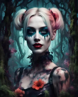 realistic portrait of harley quinn A mysterious forest where tress emit a natural luminesce, creating a surreal and enchanting atmosphere at nigth, double exposure, dark flowery swamp, glassmorphism, acid ground, ruins, floral fantasia, dark sci-fi, A gothic Art Deco biomechanical entity reminiscent of a punky, voodoo,