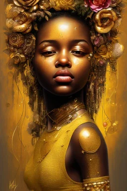 an abstract painting of gold metal and flowers, gold shinny African young girl filled with tears flowing down, rust, scaffolding, iron cladding, decay, mixed media, textured, anatomically correct, beautiful perfect face, sharp focus, highly detailed