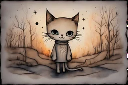 painted and burned burlap, moonlight, cute chibi kitten, styles of Paul Klee Dee Nickerson and Tim Burton, melting watercolor and black ink outlines on wet paper, soft, shading strokes, in candlelight, ethereal, otherwordly, cinematic postprocessing, bokeh, dof