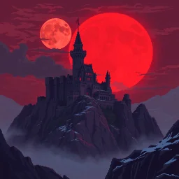 8 bit pixelart a towering castle perched atop windswept cliffs, its jagged stone figure bathed in the cinematic crimson glow of a giant, imposing red harvest moon, red sky