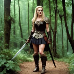[high res photo by Monty Python] Helena from Shakespeare's A Midsummer Night's Dream. Slender and pale, her blonde hair framing a face that conveys vulnerability in both posture and expression. She stands in leather boots, her weapon in hand, Clad in modest attire, her eyes wide with longing, she steps into the role of a gladiatrix in the forest clearing, her arena for the day. The air is filled with a sense of melancholy and determination as Helena prepares to face the challenges ahead, her ga