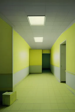 a non-linear space. all rooms appear uniform and share superficial features such as yellowed wallpaper, damp carpet, and inconsistently placed fluorescent lighting.