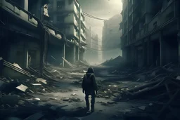 human design, breaking down into pieces, cinematic image, 16K in dystopian setting, destroyed and abandoned city