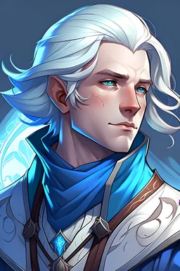 young male from dungeons and dragons that died, white medium size hair, undercut, blue eyes, wind like hair, wearing vestments, cartoon, digital art, high resolution
