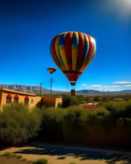 A photorealistic picture of a hot air balloon flying over Albuquerque new mexico
