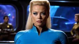 [Star Trek] Seven of Nine's gaze is intense, she sits on the bar n front of a Saurian brandy. she wears seven of nine iconic tight light blue outfit.