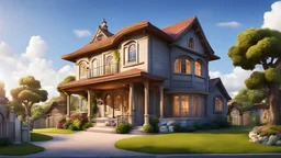 fantasy, cartoon, Two-story house with a garage