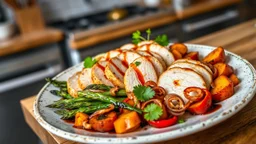 food photography shot in a kitchen island of a rustic plate that reflects the vibrant color combination of juicy turkey slices with roasted sweet potatoes, grilled asparagus spears and a variety of caramelized onions, red sliced chillies, coriander leaves and lemon, a drizzle of balsamic glaze. The lighting should enhance the flavors and freshness of the presentation. 8k. wallpaper. extremely detailed, High detail, mouthwatering textures, focus on the freshness and vitality of the food