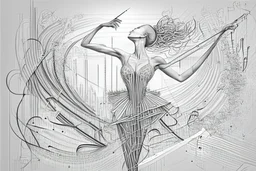 line drawing, of a beautiful realistic graceful dancing woman, made exclusively of music symbols, background is horizontal parallel lines like staffs and piano keys at bottom, symbols are discernible, overall exquisitely detailed, elegant, extremely intricate, high definition, dope, innovative, line art, contemporary art, fractal pencil drawing,