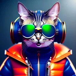 Cat toddler, smile, cyberpunk headphone, sunglass, gangsta neckless, full body, orange puffer jacket, tokio background, dramatic lighting, hyper realistic, unreal engine 5, 16k