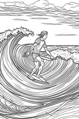 Outline art for coloring page OF A SURFER IN SHORTS RIDING A WAVE IN HAWAII LOOKING AWAY FROM US, coloring page, white background, Sketch style, only use outline, clean line art, white background, no shadows, no shading, no color, clear