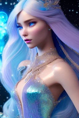 woman glitter blue fairy in a galactic ambiance, long blue hair, detailed gorgeous smile, delicate colors in the foreground, full of details, smooth, light effect，vaporwave colorful, smooth, extremely sharp detail, finely tuned detail, ultra high definition, 8 k, unreal engine 5, ultra sharp