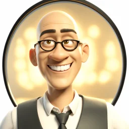 a portrait of smiling man. caricature. black rare hair. light brown skin. black eye pupils. circle eyeglasses, thin gold frame. rectangle face shape. white shirt with black vest. pixar style. 3D. 4k. portrait. highly detailed. sharp focus. high resolution. full color. cinema lighting