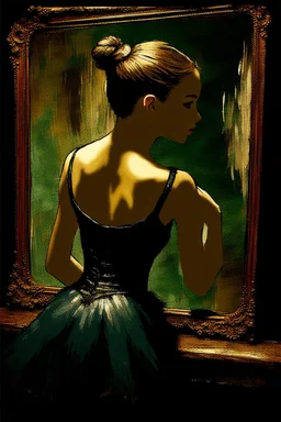 a beautiful ballerina, in a studio, Infront of a mirror, side profile with eyes looking slightly Down, her reflection in the mirror is however looking straight back at her and not looking down, scary, dark undertone, 12k, detailed painting, thick impasto and textures with rough brush strokes, chaos background with cracked paint, peeling off