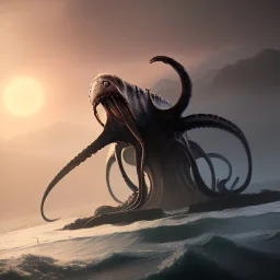 franz frazetta style, kraken on the sea, sunrise, open seas, primordial