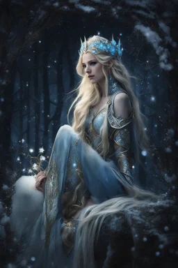 Elven princess,elven crown,long blonde golden hair,rapunzel hair,ice flowers,beautiful,light blue,dark blue,golden armor,sparkle,glitter,ice flowers,snow,elven ears,dark fairy princess