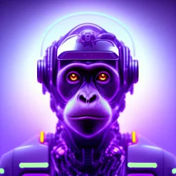 A beautiful portrait of a cyborg monkey purple neon color scheme, high key lighting, volumetric light high details psychedelic background