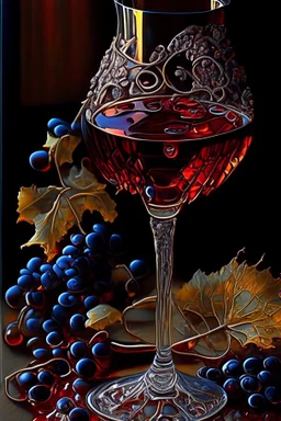 A Still life, a glass of wine, intricate, melted glassprint