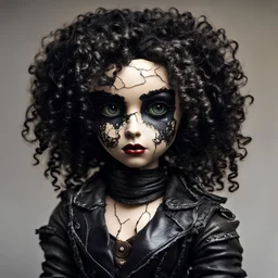 full color, illustration of a dark, menacing, curly haired, black leather clad motorcycle girl, tall and willowy , as a decayed, broken, crude homemade cloth doll toy, with a cracked porcelain face, thick dark eyebrows, hair made from ragged strips of cloth, in the style of Nadya Sheremet