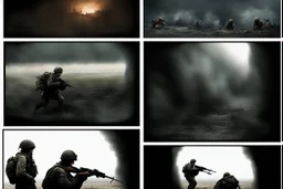 Masterpiece1:5)(Fineart), (award-winning:1.5), highest quality, (ultra realism:1.5) war journalism(,(by Tim Page and Hoorst Faas:1.5))(photorealistic:1.8),RAW pictures (Eastern Ukraine:(panel one:the moment after a battle ends, horrors of war, wounded men),(2nd panel, cinematic shot of men sitting in trench with 1000 yard stare (focus on their eyes:1.5)),(the third panel shows troops tired but hyper alert), (the fourth panel shows the sky is filled with incessant, fire and smoke,)