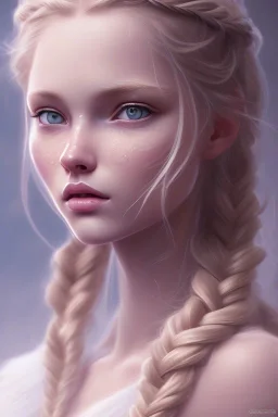 girl, cute, beautiful, blonde hair, braided hair, one braid, blue eyes, big eyes, pale skin, blue dress, ice dress, long eyelashes, pink lipstick, thin lips, small nose, semirealistic, 8k resolution concept art portrait by Greg Rutkowski,