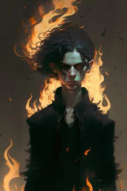 Boy with wight hair and black clothes and power fire