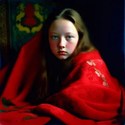 Devon aoki, grunge, in a red blanket, autochrome, baroque, studio