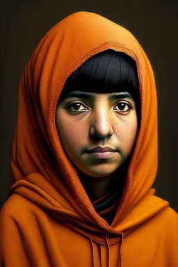 MALALA YOUSAFZAI with orange hoodie, realistic photos