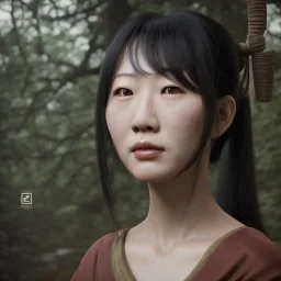 wonderfull japanese woman head portrait, samirai costume, village, meditation, woods, cyberpunk, 8k quality