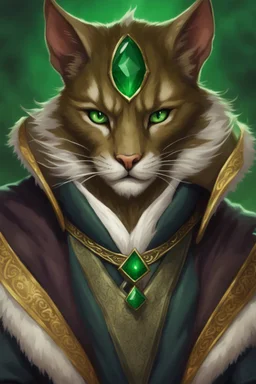 Male khajiit with grey fur and Hazel eyes wearing a emerald green robes in a fantasy setting, sorcerer of life