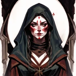 dnd, fantasy, watercolour, portrait, illustration, female, face, cultist, dark, ruthless, merciless